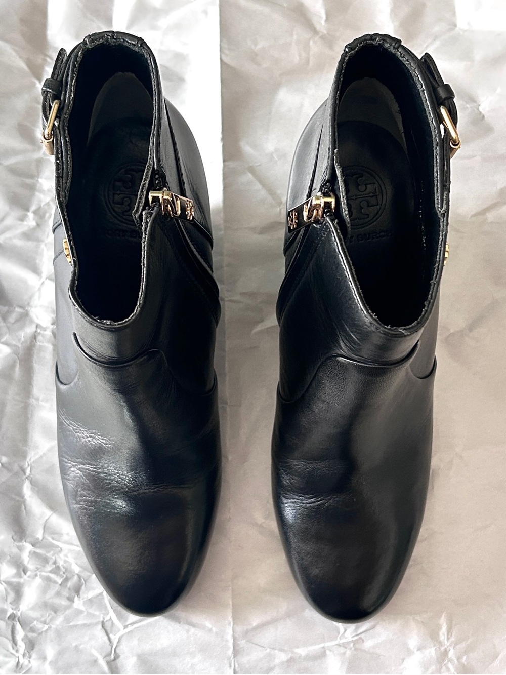 Tory Burch Milan Black Leather Ankle Booties with Gold Buckle Accents